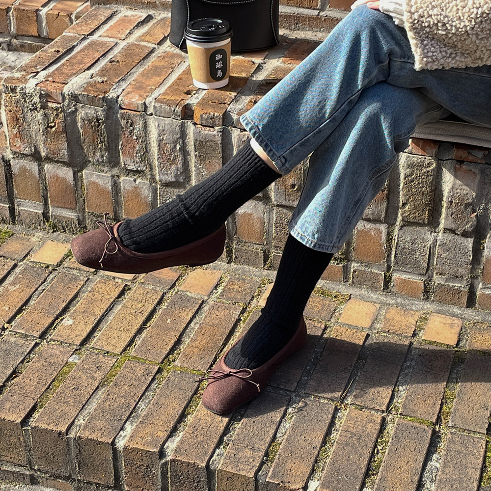 울 리본 윈터 플랫슈즈