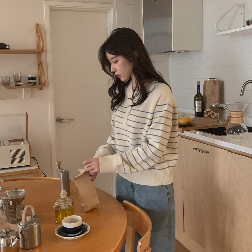 베이비 단가라 버튼 니트