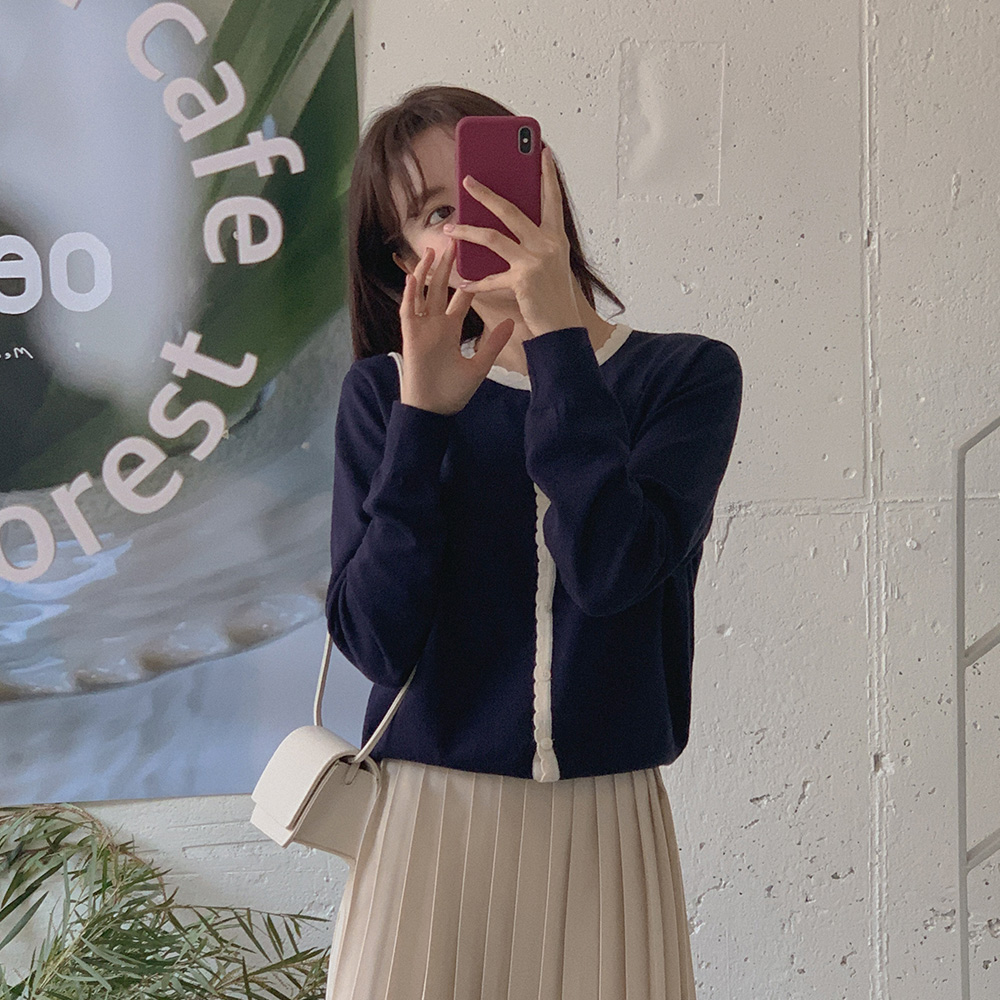 러빈 레이스 배색 가디건