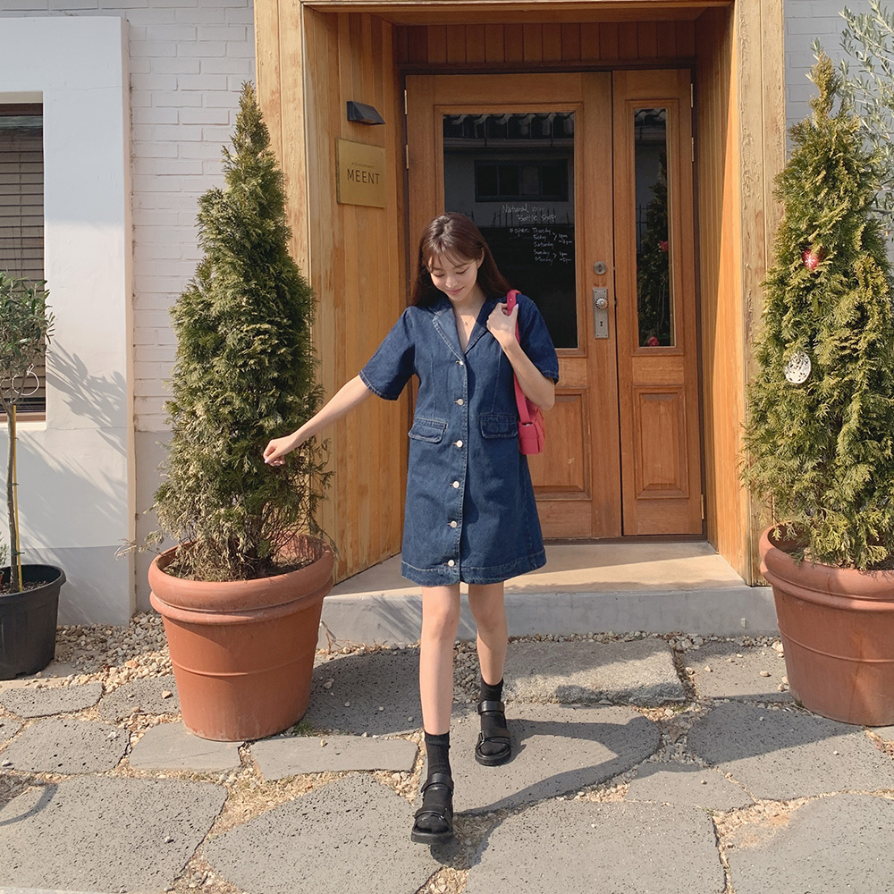 카라 버튼 데님원피스