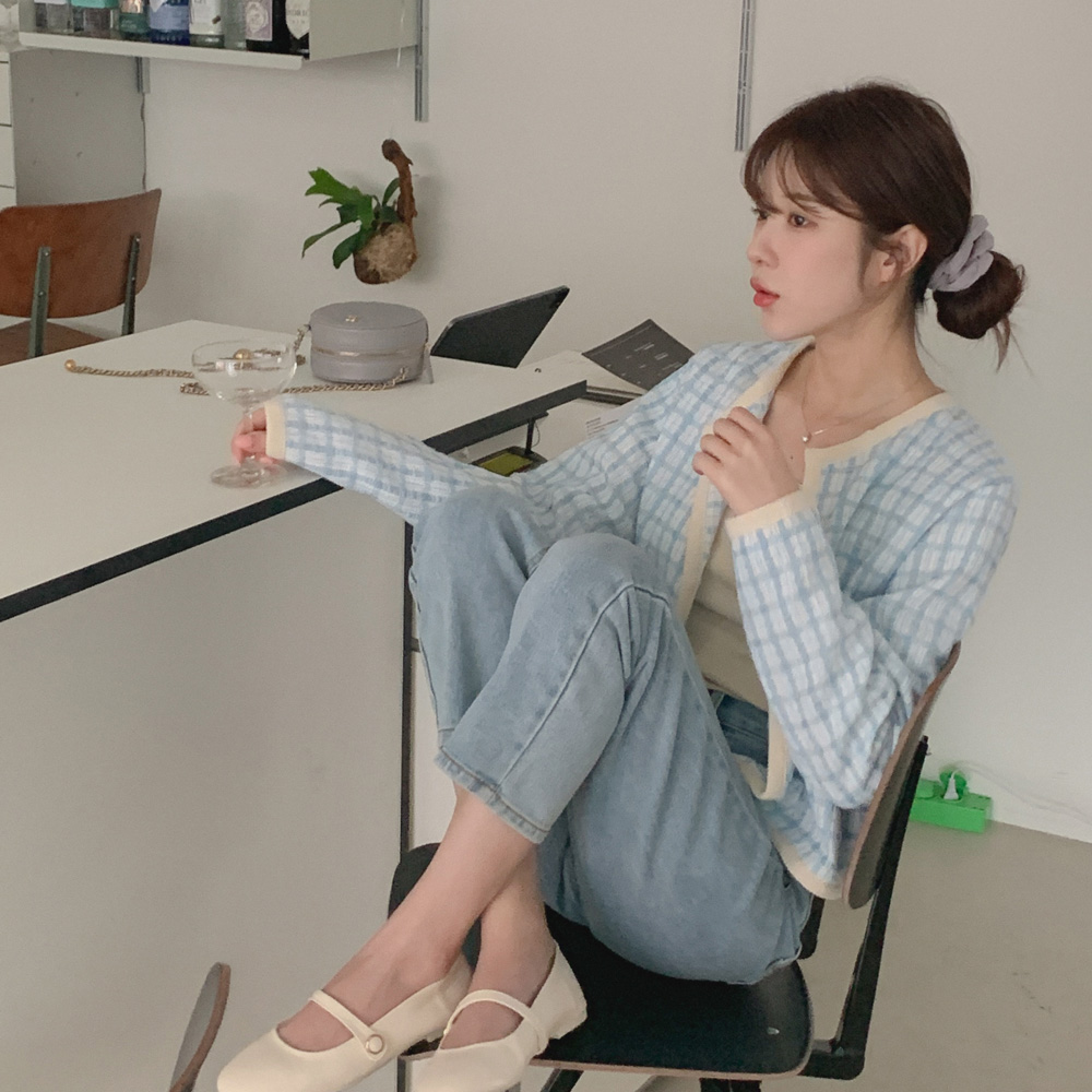 체크 트위드 가디건자켓