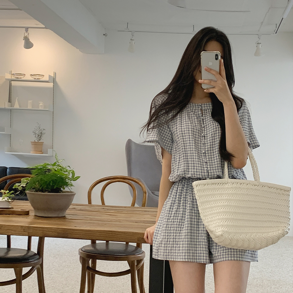 스쿱 체크 점프수트