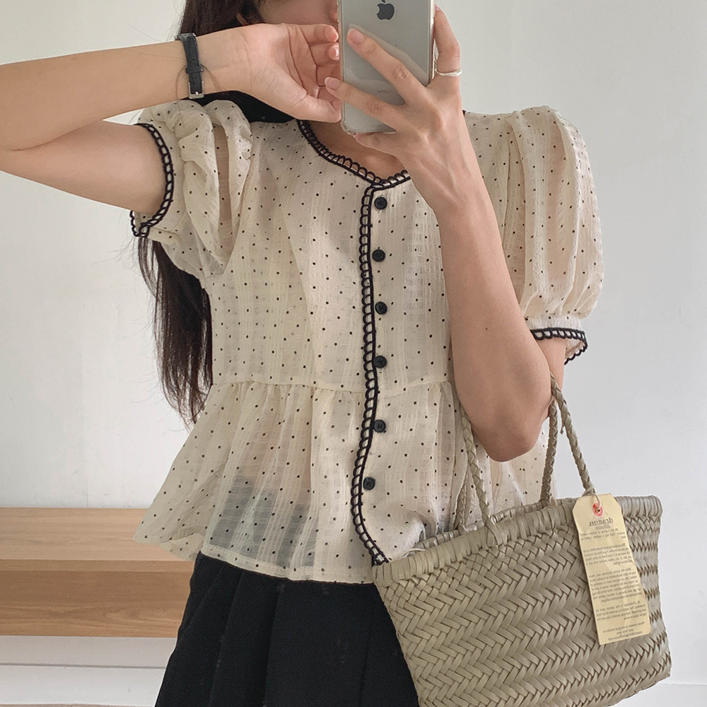 [인기많아요] 도트 플레어 블라우스 / 레이스 / 퍼프소매