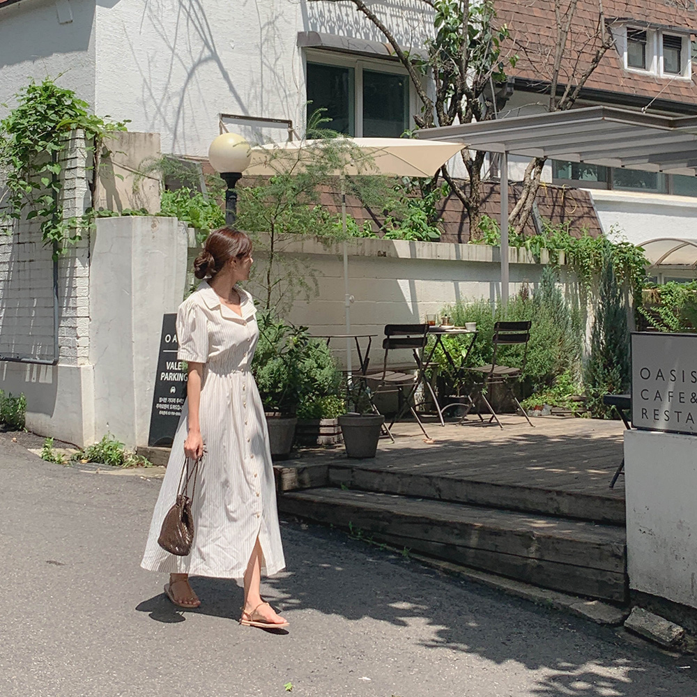 [주문폭주] 골드 스트라이프 원피스 / 코튼 / 퍼프소매