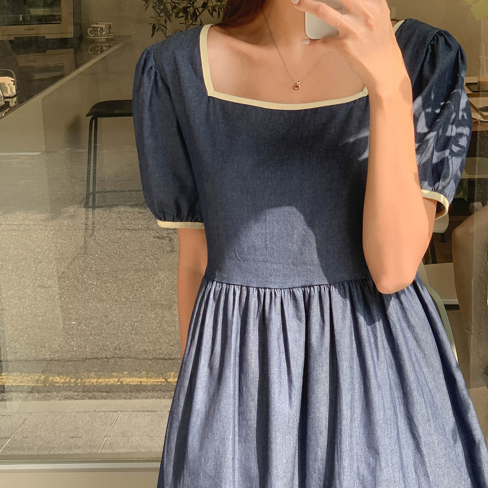 백버튼 데님 원피스 / 스퀘어넥 / 2way