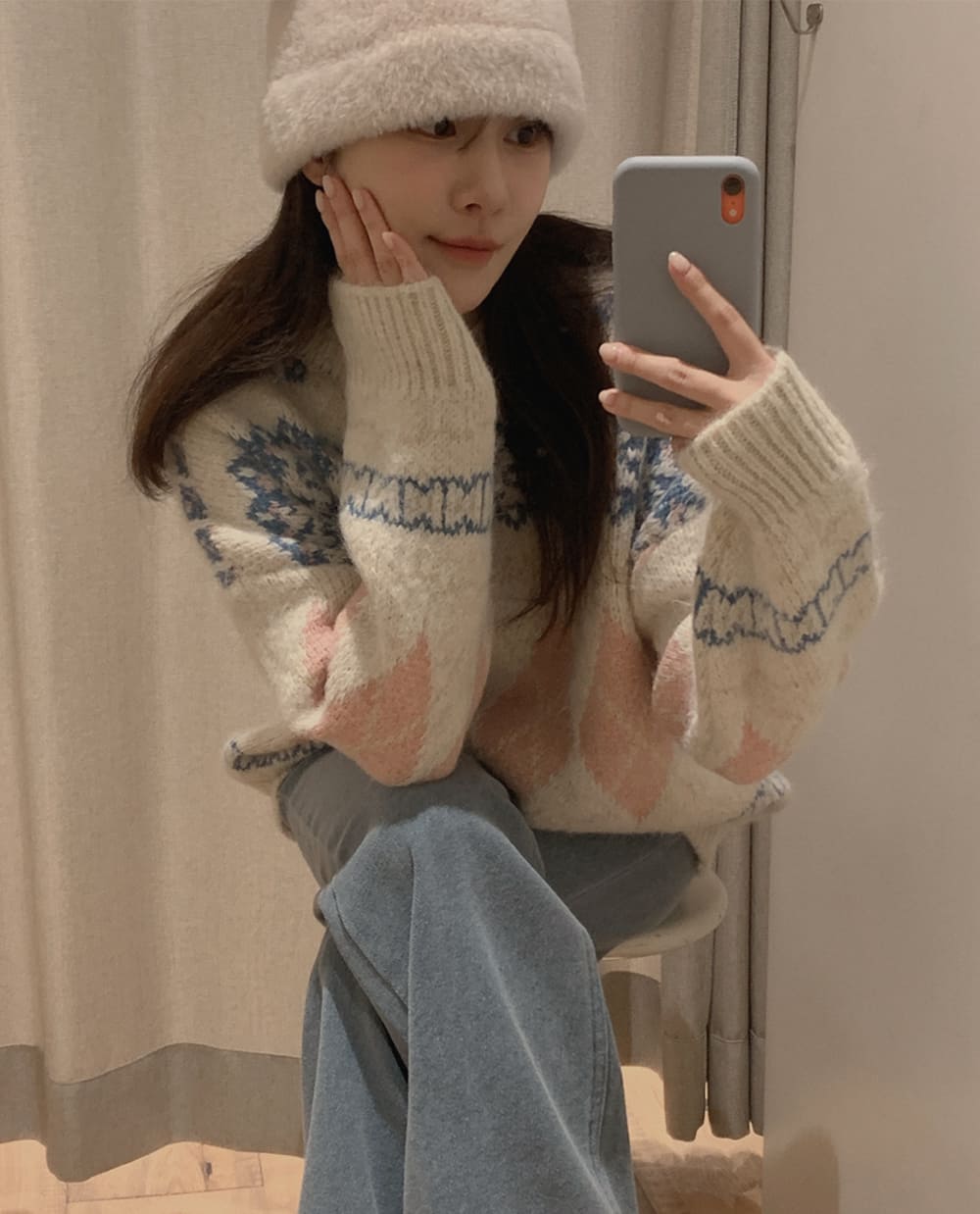 윈터 스노우 아가일 니트 (라운드넥 빈티지 루즈핏)