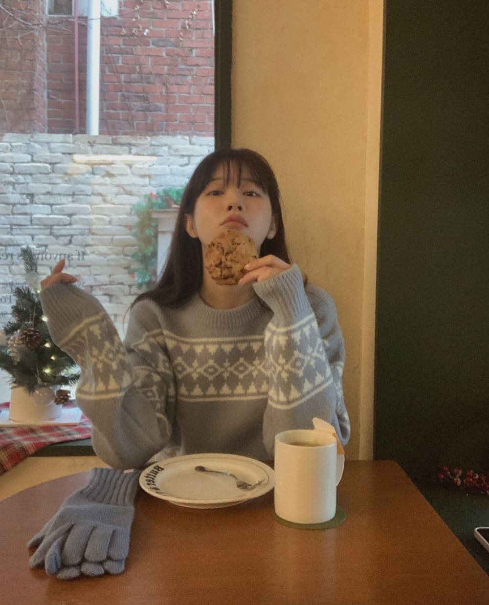 파이 자가드 니트 /자가드 /빈티지 라운드넥/아가일니트