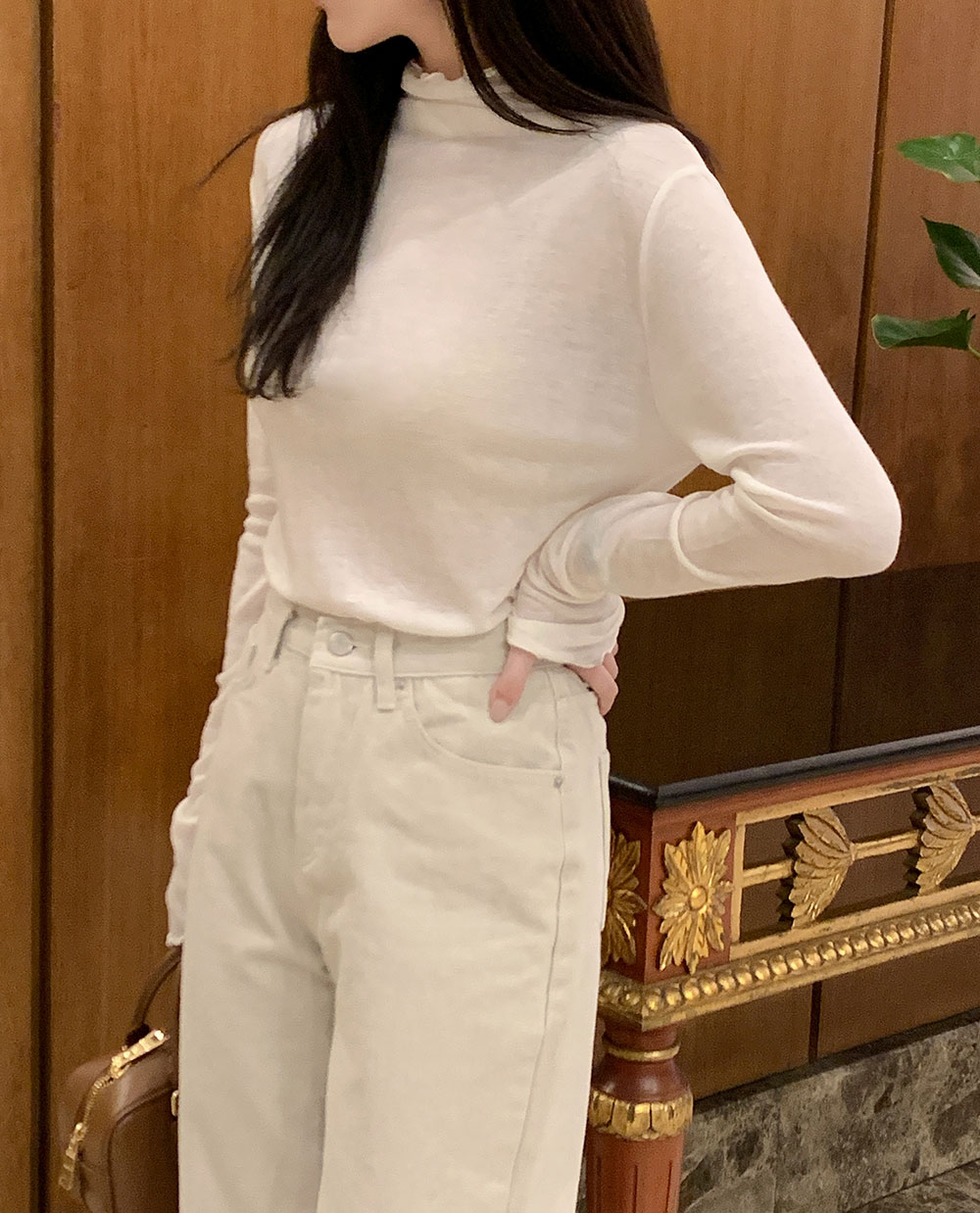 밸런스 프릴 폴라티 /니트후드집업/레이어드룩/하프넥